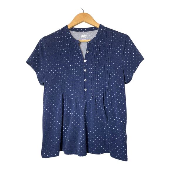 Lands' End Polka Dot Shirt Top Navy Blue White Size Medium Pin Tuck Pleated SS - Picture 2 of 6